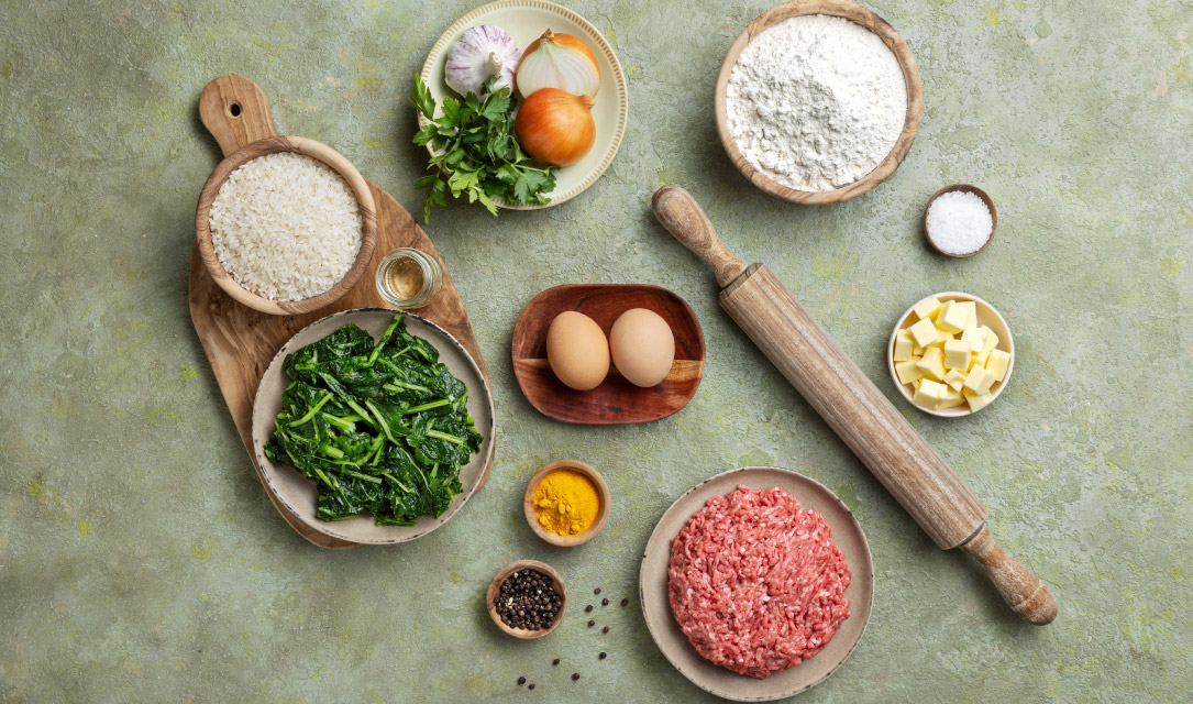 Ingredientes para pastéis de massa tenra com arroz de grelos