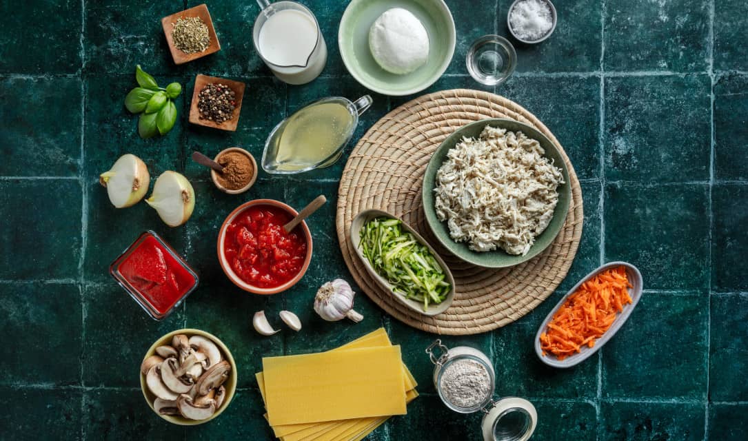 Ingredientes para lasanha de frango com vegetais