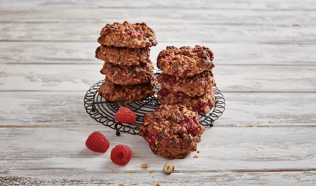 Bolachas de muesli com framboesas