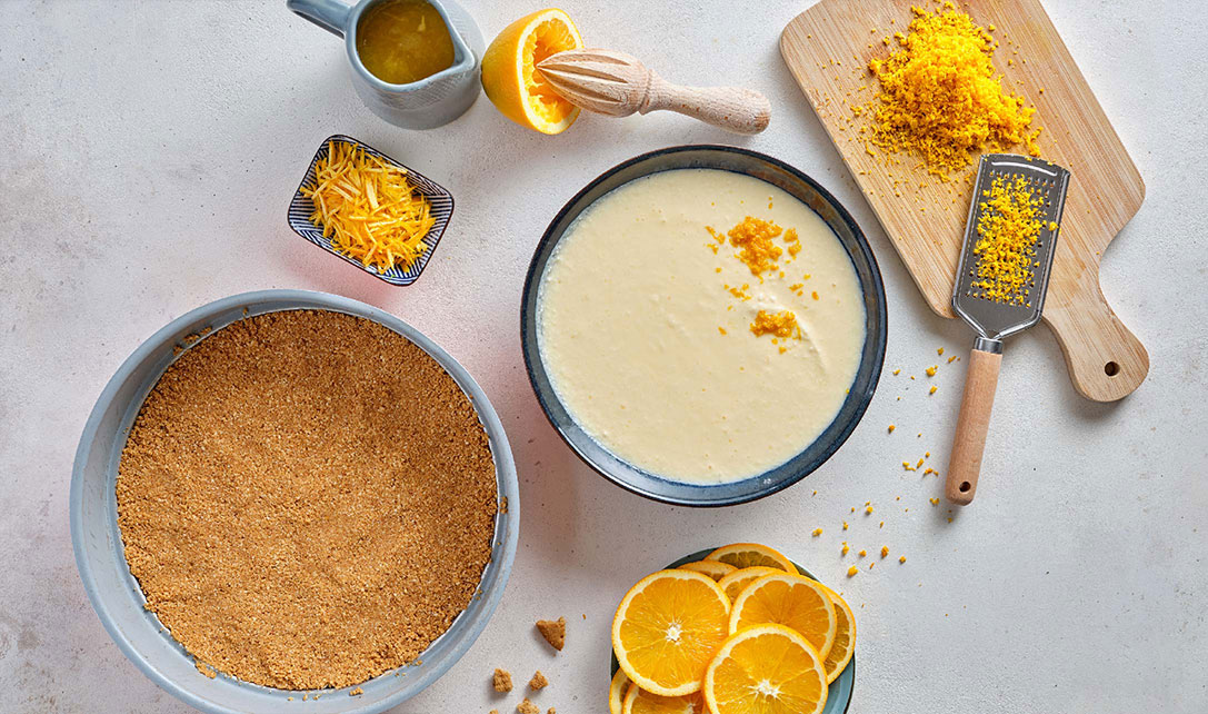 Laranja às rodelas e massa de cheesecake
