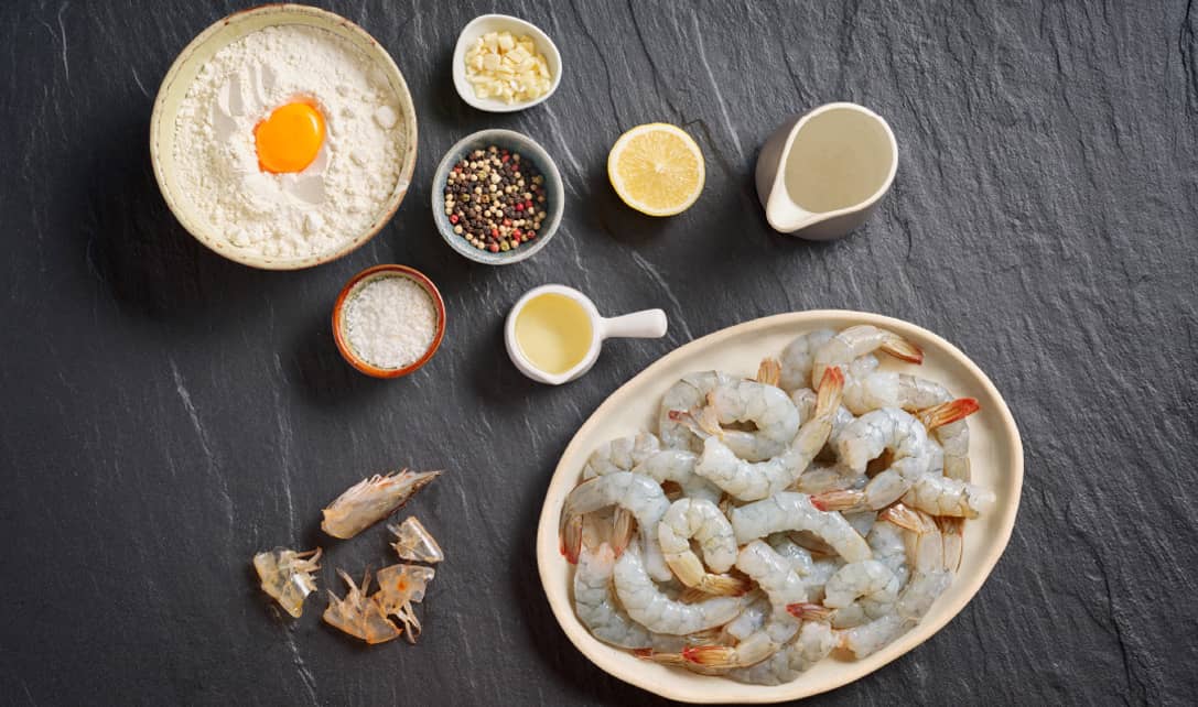 Ingredientes para Tempura de camarão